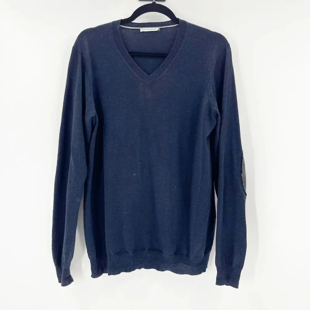 Banana Republic Mens Sweater Size L Navy Blue V Neck Elbow Patch‎ Cozy Comfy